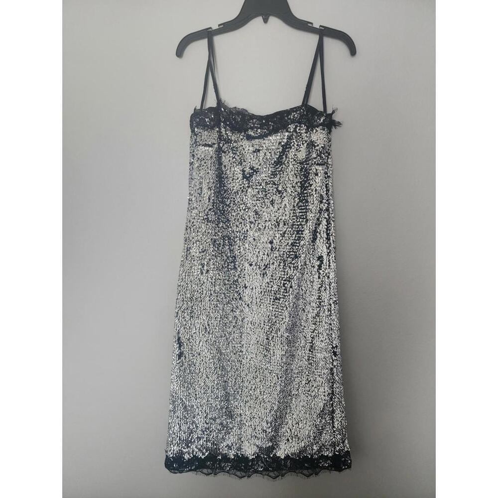 Silver Sequin Slip Dress with Black Lace Trim